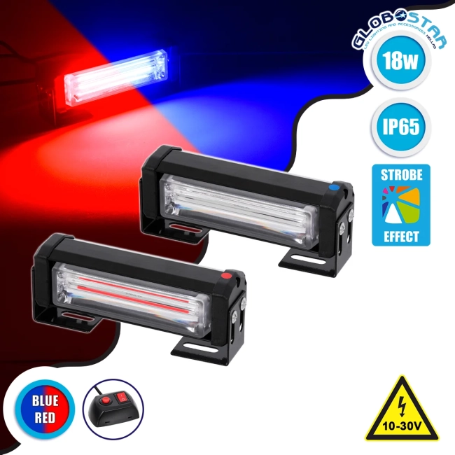 85029 PRO Series ΣΕΤ 2 x Μπάρες Σήμανσης Οχήματος Αστυνομίας για Αυτοκίνητα & Φορτηγά 13 Προγραμμάτων Φωτισμού LED CREE CXB COB 18W DC 10-30V Αδιάβροχο IP65 Κόκκινο & Μπλε