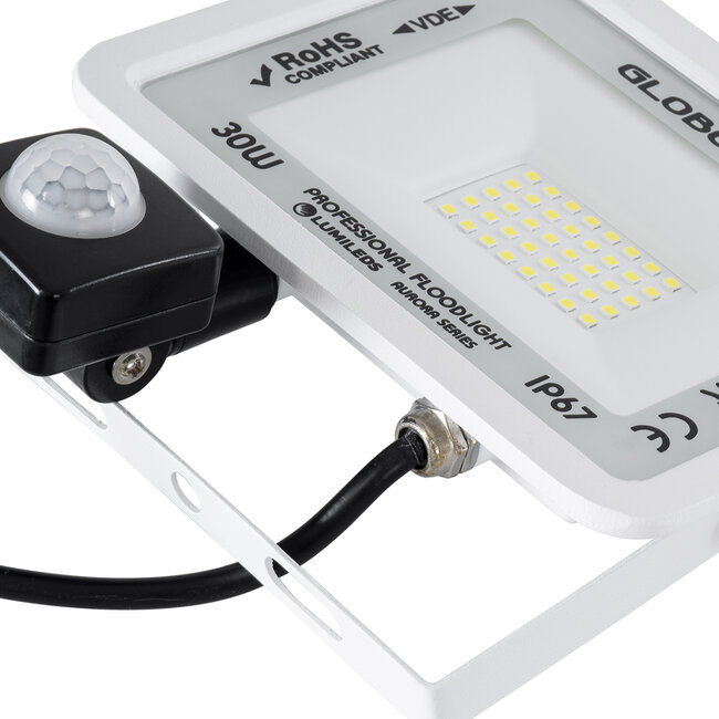 AURORA 61440 Επαγγελματικός Προβολέας LED 30W 3750lm 120° AC 220-240V με Ενσωματωμένο Ρυθμιζόμενο Αισθητήρα Κίνησης PIR - Αδιάβροχος IP67 - Μ16 x Π5 x Υ17.5cm - Λευκό - Ψυχρό Λευκό 6000K - LUMILEDS Chips - TÜV Rheinland Certified - 3 Years Warranty - 7