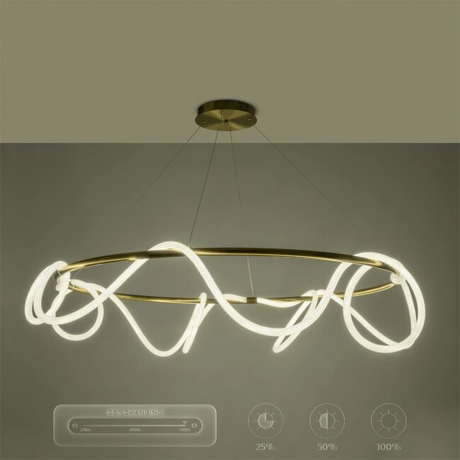 kelvo® GLOW KLV-101-0165 Κρεμαστό Φωτιστικό Οροφής LED 100W 10000lm 360° AC 220-240V IP20 Ρυθμιζόμενο Λευκό CCT με Χειριστήριο από 2700K έως 6000K Dimmable - Lumileds SMD Chip - Χρυσό Πλατίνα - Μ150 x Π150 x Υ100cm - 3 Χρόνια Εγγύηση - 15