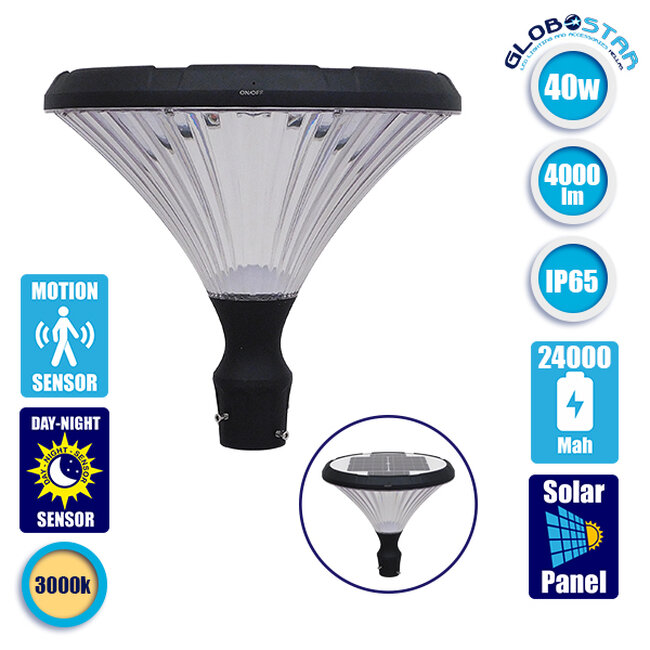 Αυτόνομο Αδιάβροχο IP65 Ηλιακό Φωτοβολταϊκό Φωτιστικό Στύλου / Κολώνας Πλατείας LED 40W με Ανιχνευτή Κίνησης και Αισθητήρα Νυχτός Θερμό Λευκό 3000k  12153