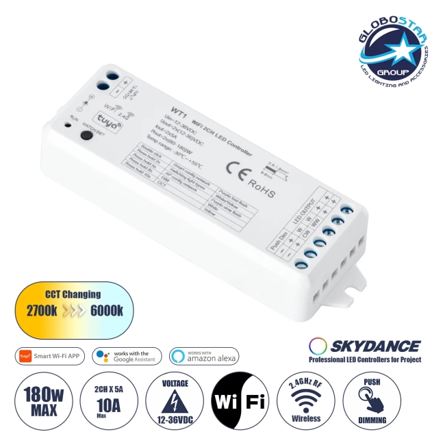  SKYDANCE-WT1 71468 DC WiFi & RF 2.4Ghz & Push Dimmer / Controller με 2 x 5A 90W Κανάλια DC 12-36V 10A 180W Max IP20 - WiFI & RF 2.4Ghz & Push Dimming - Μ11.5 x Π3.5 x Υ2cm - 5 Χρόνια Εγγύηση