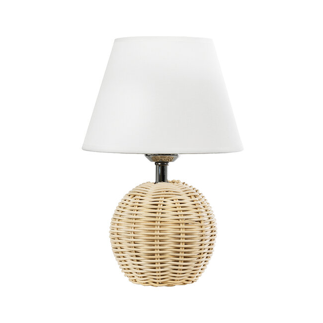 KAI 01957 Boho Επιτραπέζιο Φωτιστικό Πορτατίφ Μονόφωτο 1 x E27 AC220-240V IP20 - Φ19 x Υ30cm - Μπεζ Ξύλινο Πλέγμα με Λευκό Καπέλο - 5 Χρόνια Εγγύηση