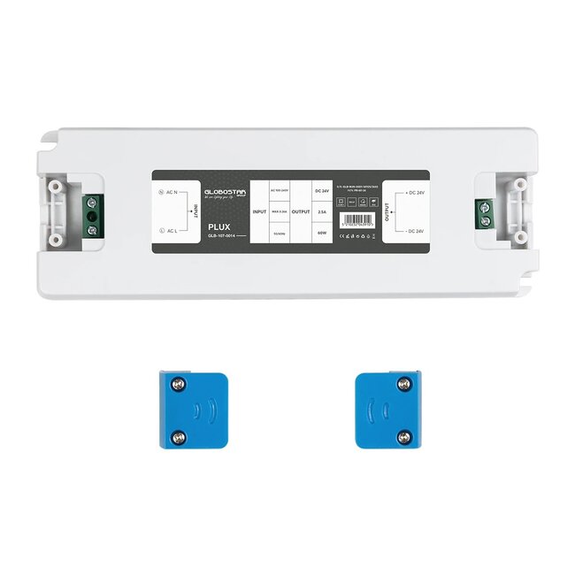 PLUX GLB-107-0014 Τροφοδοτικό/Μετασχηματιστής Class II SELV 60W 2.5A AC 220-240V σε DC 24V IP20 - Λευκό Ματ - Μ18.5 x Π6.4 x Υ2.2cm - 3 Χρόνια Εγγύηση - 6