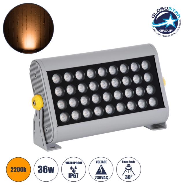 FLOODHENA 90445 Προβολέας Σποτ Wall Washer LED 36W 3060lm 30° AC 220-240V Αδιάβροχο IP67 Ultra Θερμό Λευκό 2200K - Bridgelux SMD Chip - Γκρι Ανθρακί - Μ30 x Π6 x Υ17cm - 3 Χρόνια Εγγύηση