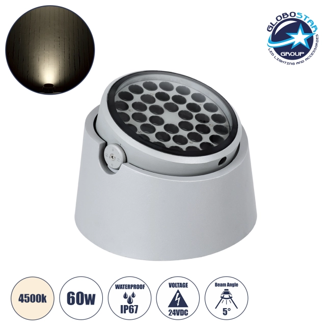 FLOOD-RANA 90492 Κινούμενος Προβολέας - Σποτ Φωτισμού Wall Washer για Φωτισμό Κτιρίων LED 60W 5700lm 5° DC 24V Αδιάβροχο IP67 Φ30 x Υ21cm Φυσικό Λευκό 4500K - Γκρι - 3 Years Warranty