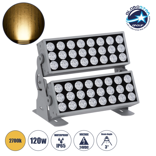 FLOOD-ZENA 90220 Προβολέας Wall Washer για Φωτισμό Κτιρίων LED 120W 10800lm 3° DC 24V Αδιάβροχο IP65 L38 x W30.5 x H24cm Θερμό Λευκό 2700K - Ασημί - 3 Years Warranty