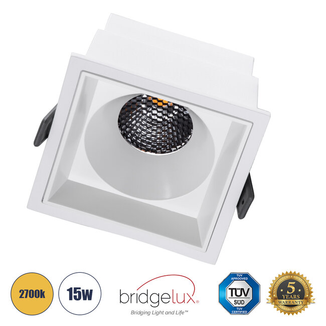 PLUTO-B 60279 Χωνευτό LED Spot Downlight TrimLess Μ10.4xΠ10.4cm 15W 1875lm 38° AC 220-240V IP20 Μ10.4 x Π10.4 x Υ6.5cm - Τετράγωνο - Λευκό & Anti-Glare HoneyComb - Θερμό Λευκό 2700K - Bridgelux COB - 5 Years Warranty - 2
