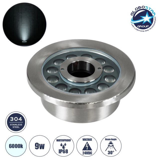 UNDERWATER-DENIS 90436 Υποβρύχιο Χωνευτό Φωτιστικό Σποτ Ειδικό για Σιντριβάνια - Πισίνες - Τζακούζι LED 9W 900lm 30° DC 24V Αδιάβροχο IP68 Φ16.7 x Υ7.5cm Ψυχρό Λευκό 6000K - Ανοξείδωτο Ατσάλι SS304 - 3 Years Warranty