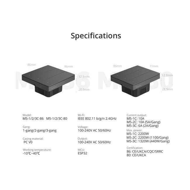 80089 SONOFF M5-3C-80 SwitchMan Mechanical Smart Switch WiFi & Bluetooth AC 100-240V Max 6A 1320W (2A/Way) 3 Way - 20