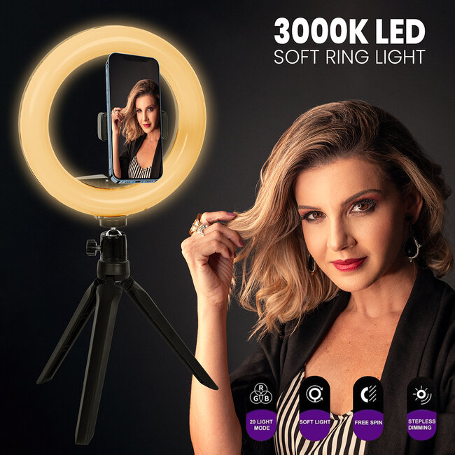 75801 Professional Digital Ring Light Φ26cm LED SMD 30W 3000lm 180° DC 5V με Καλώδιο Τροφοδοσίας USB - Ενσωματωμένο Χειριστήριο Εναλλαγής Χρωμάτων & 1 Βάση Τηλεφώνου - Πολύχρωμο RGBW+WW Dim - 12