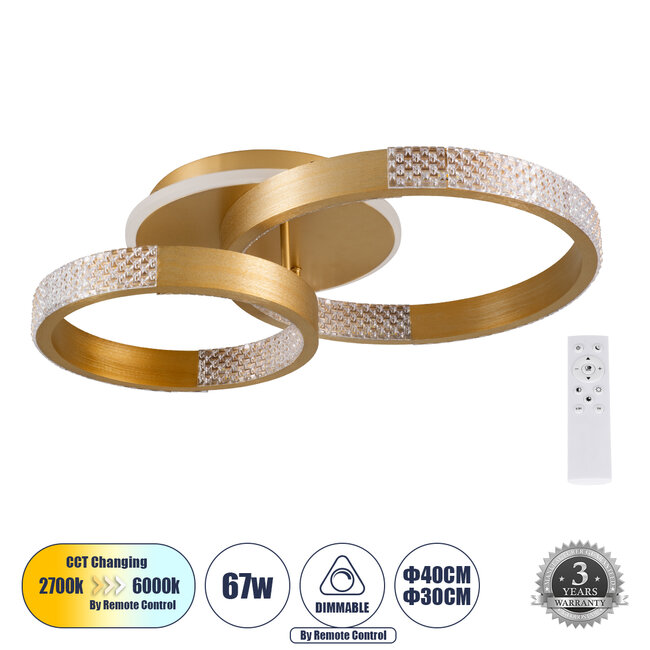 DIAMOND 61113 Φωτιστικό Οροφής Δαχτυλίδι-Κύκλος LED CCT 67W 8078lm 360° AC 220-240V - Εναλλαγή Φωτισμού μέσω Τηλεχειριστηρίου All In One Ψυχρό 6000k+Φυσικό 4500k+Θερμό 2700k Dimmable Φ30+40cm+BackLight Base - Χρυσό Βούρτσας - 3 Years Warra