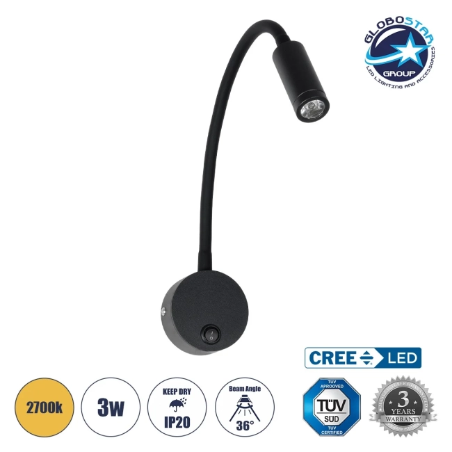 GOOSE 61690 Μοντέρνο Φωτιστικό Τοίχου - Απλίκα Ξενοδοχείου Reading Light LED 3W 270lm 36° AC 220-240V IP20 Θερμό Λευκό 2700K - CREE XPE Chip & TÜV SÜD Driver - Μαύρο Ματ - Μ6.5 x Π15 x Υ24.5cm - 3 Χρόνια Εγγύηση GOOSE 61690 Μοντέρνο Φωτιστικό Τοίχου - Απλίκα Ξενοδοχείου Reading Light LED 3W 270lm 36° AC 220-240V IP20 Θερμό Λευκό 2700K - CREE XPE Chip & TÜV SÜD Driver - Μαύρο Ματ - Μ6.5 x Π15 x Υ24.5cm - 3 Χρόνια Εγγύηση