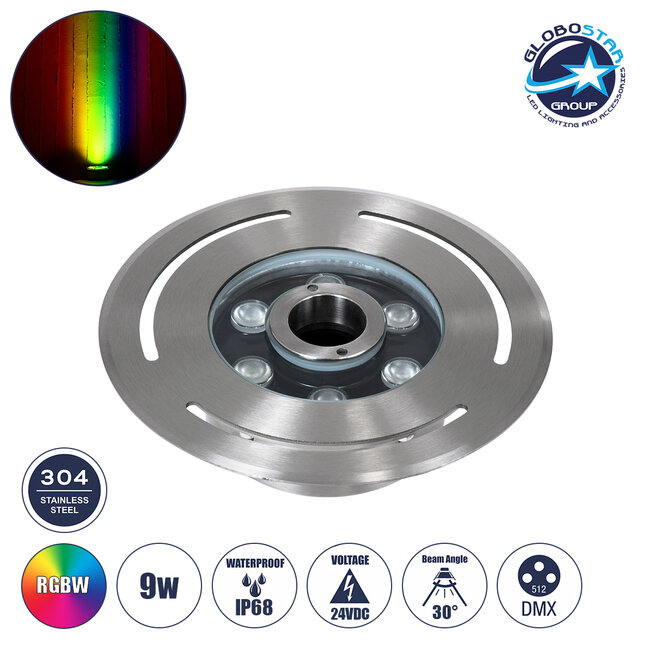 UNDERWATER-DENIS 90434 Υποβρύχιο Χωνευτό Φωτιστικό Σποτ Ειδικό για Σιντριβάνια - Πισίνες - Τζακούζι LED 9W 765lm 30° DC 24V Αδιάβροχο IP68 Φ21 x Υ7.5cm RGBW DMX512 - Ανοξείδωτο Ατσάλι SS304 - 3 Years Warranty