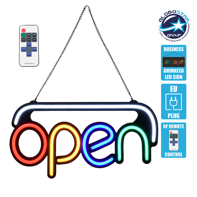 85859 Φωτιστικό Ταμπέλα Φωτεινή Επιγραφή NEON LED Σήμανσης Animated OPEN 30W AC 230V με Διακόπτη On/Off και Ασύρματο Χειριστήριο IR Λευκό - Κόκκινο - Πράσινο - Κίτρινο - Γαλάζιο
