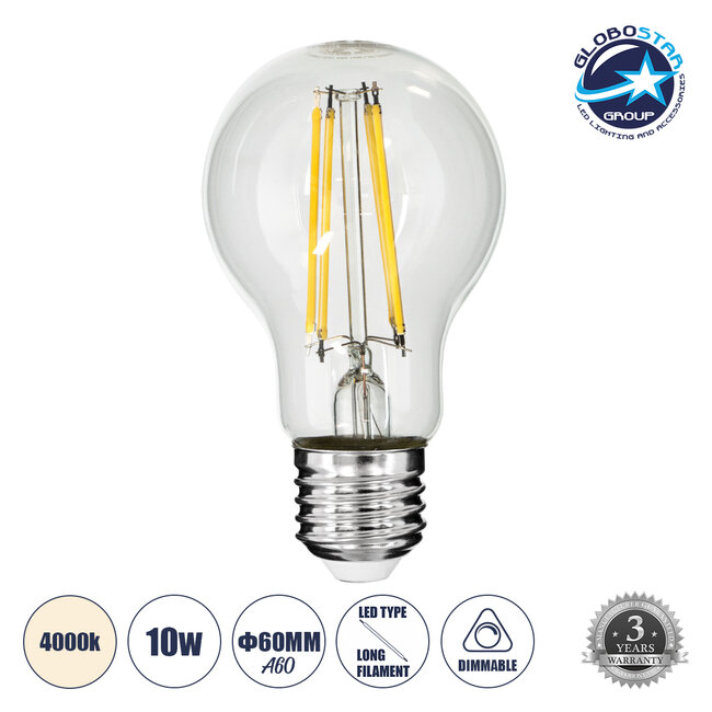 99053 Λάμπα LED Long Filament E27 A60 Γλόμπος 10W 1100lm 360° AC 220-240V IP20 Φ6 x Υ10.5cm Φυσικό Λευκό 4000K με Διάφανο Γυαλί - Dimmable - 3 Years Warranty