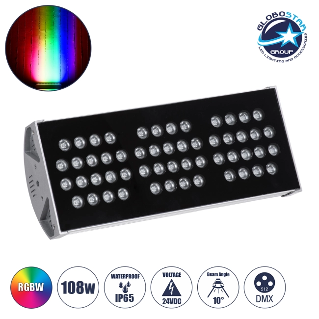 FLOOD-TENA 90224 Προβολέας Wall Washer για Φωτισμό Κτιρίων LED 108W 9180lm 10° DC 24V Αδιάβροχο IP65 Μ43.5 x Π15.5 x Υ18cm RGBW DMX512 - Ασημί - 3 Years Warranty