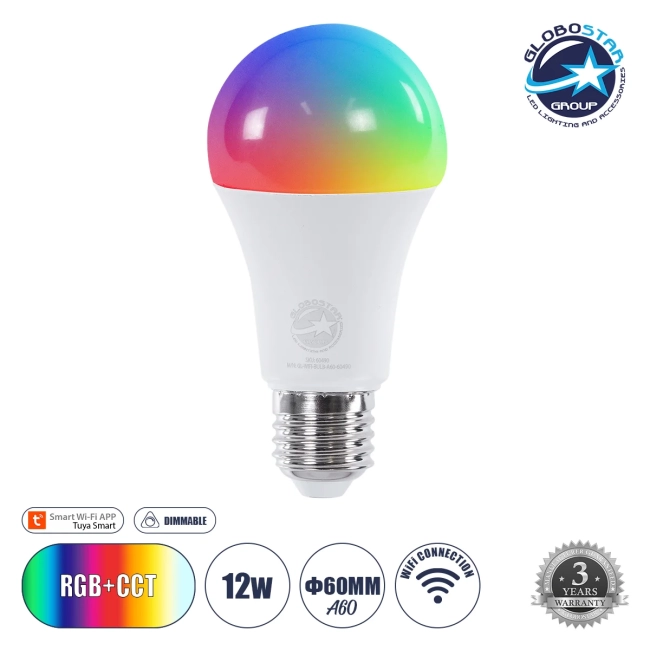 SMARTME 60490 Λάμπα E27 A60 Smart Home WiFi με Λειτουργία μέσω Tuya APP LED 12W 1200lm 260° AC 220-240V IP20 Πολύχρωμο RGBW+WW Dimmable - Bridgelux Chip - Μ6 x Π6 x Υ12cm - 3 Χρόνια Εγγύηση SMARTME 60490 Λάμπα E27 A60 Smart Home WiFi με Λειτουργία μέσω Tuya APP LED 12W 1200lm 260° AC 220-240V IP20 Πολύχρωμο RGBW+WW Dimmable - Bridgelux Chip - Μ6 x Π6 x Υ12cm - 3 Χρόνια Εγγύηση