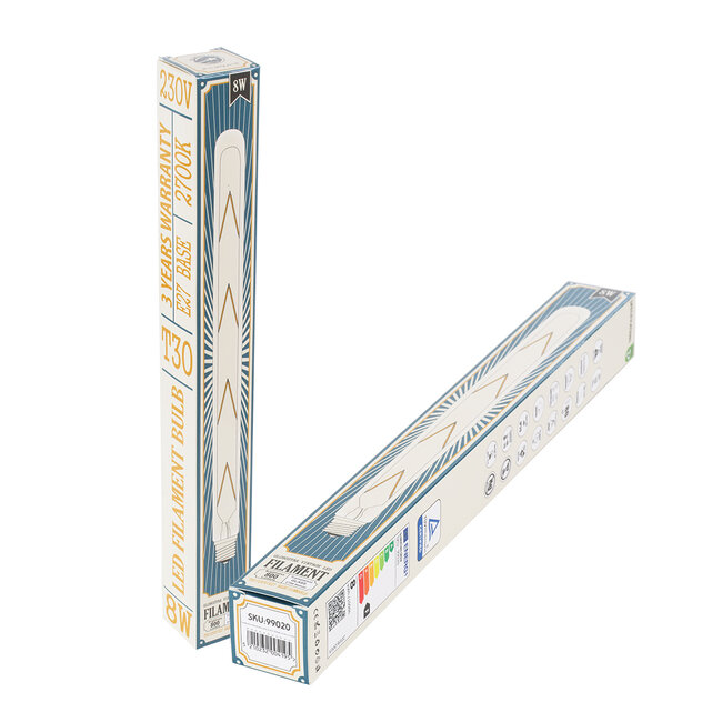 99020 Λάμπα LED Long Filament E27 T30 Σωλήνας 8W 800lm 360° AC 220-240V IP20 Φ3 x Υ30cm Θερμό Λευκό 2700K με Διάφανο Γυαλί - Dimmable - 3 Years Warranty - 6