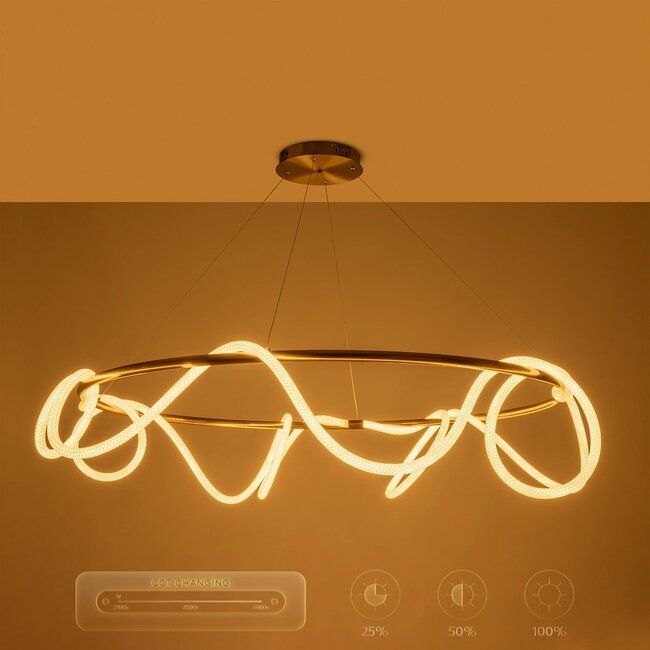 kelvo® GLOW KLV-101-0165 Κρεμαστό Φωτιστικό Οροφής LED 100W 10000lm 360° AC 220-240V IP20 Ρυθμιζόμενο Λευκό CCT με Χειριστήριο από 2700K έως 6000K Dimmable - Lumileds SMD Chip - Χρυσό Πλατίνα - Μ150 x Π150 x Υ100cm - 3 Χρόνια Εγγύηση - 13