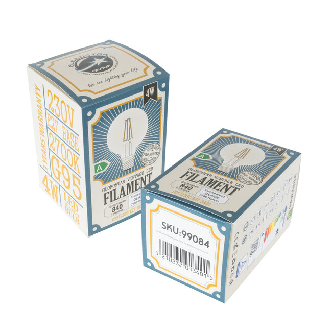 99084 Λάμπα LED Long Filament E27 G95 Γλόμπος 4W 840lm 360° AC 220-240V IP20 Φ9.5 x Υ13.8cm Θερμό Λευκό 2700K με Διάφανο Γυαλί - Pro Series 210lm/W - A Ενεργειακή Κλάση - 3 Χρόνια Εγγύηση - 5