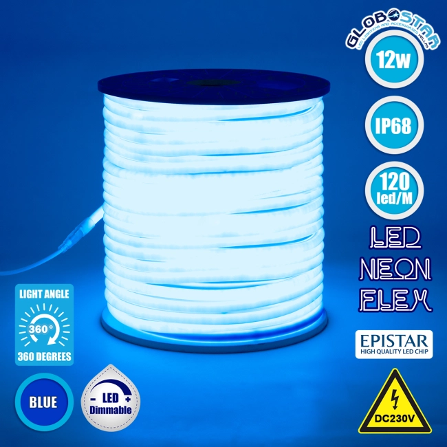 70595 TUBE 360° Degree Neon Flex Epistar LED SMD 2835 1m 12W/m 120LED/m 1212lm/m 360° DC 230V Αδιάβροχη IP68 Μπλε Dimmable