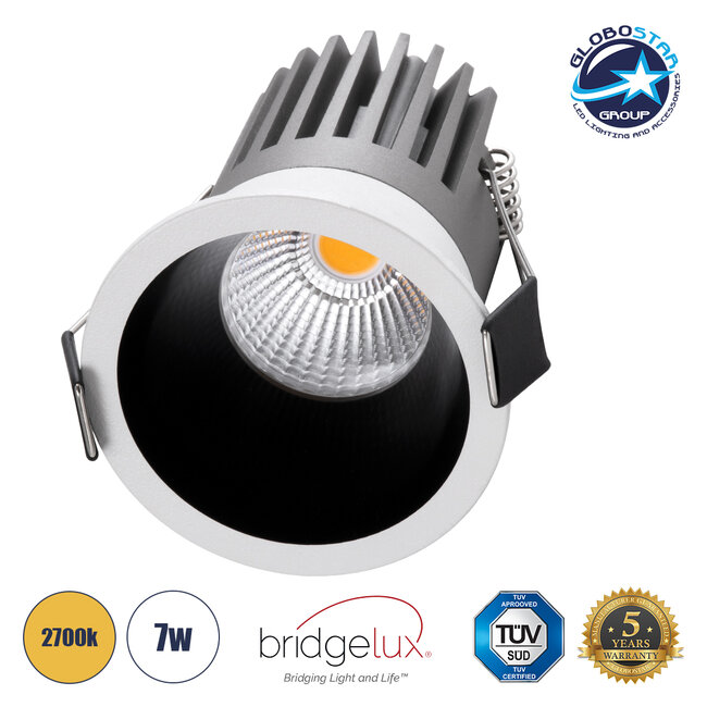 MICRO-B 60241 Χωνευτό LED Spot Downlight TrimLess Φ6cm 7W 875lm 38° AC 220-240V IP20 Φ6 x Υ7.8cm - Στρόγγυλο - Λευκό με Μαύρο Κάτοπτρο - Θερμό Λευκό 2700K - Bridgelux COB - 5 Years Warranty
