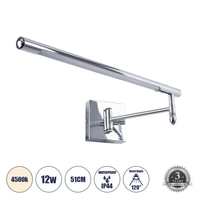 FRIDA 60458 Μοντέρνο Φωτιστικό Τοίχου - Απλίκα Καθρέπτη Μπάνιου - Πίνακα LED 12W 1400lm 120° AC 220-240V IP44 Μ51 x Π9 έως Π68(Ρυθμιζόμενο) x Υ10cm - Φυσικό Λευκό 4500K - Χρώμιο Νίκελ