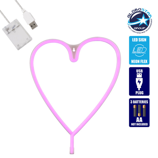 78593 Φωτιστικό Ταμπέλα Φωτεινή Επιγραφή NEON LED Σήμανσης HEART LINE 5W με Καλώδιο Τροφοδοσίας USB - Μπαταρίας 3xAAA (Δεν Περιλαμβάνονται) - Ροζ