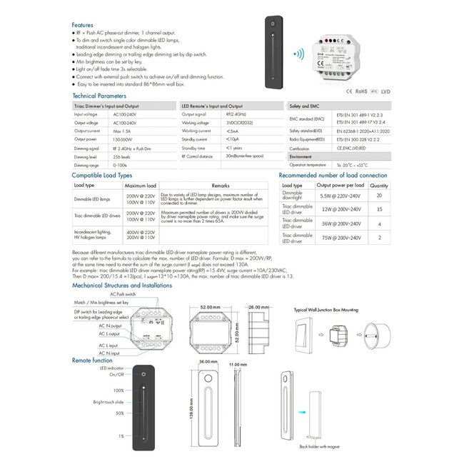 73124 S1-B+R11 SKYDANCE ΣΕΤ Dimmer & Ασύρματο Χειριστήριο Αφής 1 Group RF 2.4Ghz 1.5A Max AC100-240V (360W) - DC 3V IP20 - 5 Χρόνια Εγγύηση - 10