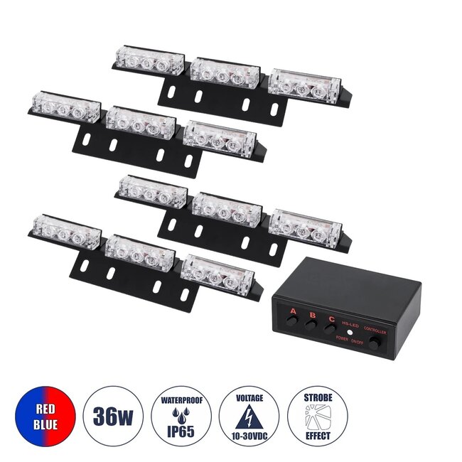 85017 PRO Series ΣΕΤ 4 x 3 Μπάρες Σήμανσης Οχήματος Οδικής Βοήθειας για Αυτοκίνητα & Φορτηγά 3 Προγραμμάτων Φωτισμού STROBE LED HIGH POWER 36W DC 10-30V Αδιάβροχο IP65 Κόκκινο & Μπλε-  Μ18 x Π4.5 x Υ3cm - 2 Χρόνια Εγγύηση