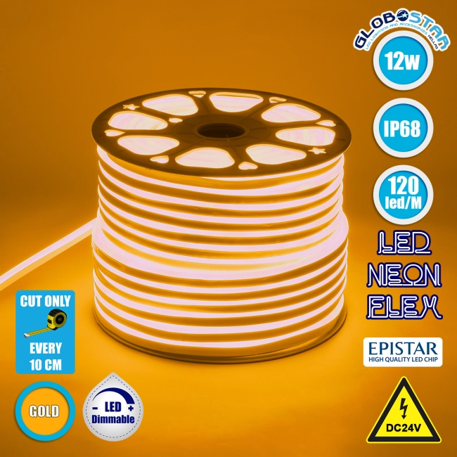 70566 OVALE 120° Degree Neon Flex Epistar LED SMD 2835 1m 12W/m 120LED/m 1212lm/m 120° DC 24V Αδιάβροχη IP68 Gold - Ultra Θερμό 2200K Dimmable