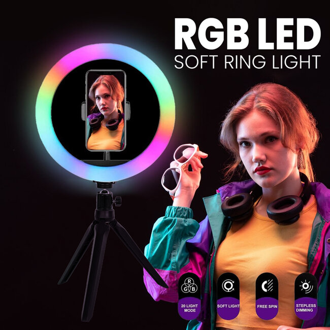 75801 Professional Digital Ring Light Φ26cm LED SMD 30W 3000lm 180° DC 5V με Καλώδιο Τροφοδοσίας USB - Ενσωματωμένο Χειριστήριο Εναλλαγής Χρωμάτων & 1 Βάση Τηλεφώνου - Πολύχρωμο RGBW+WW Dim - 9