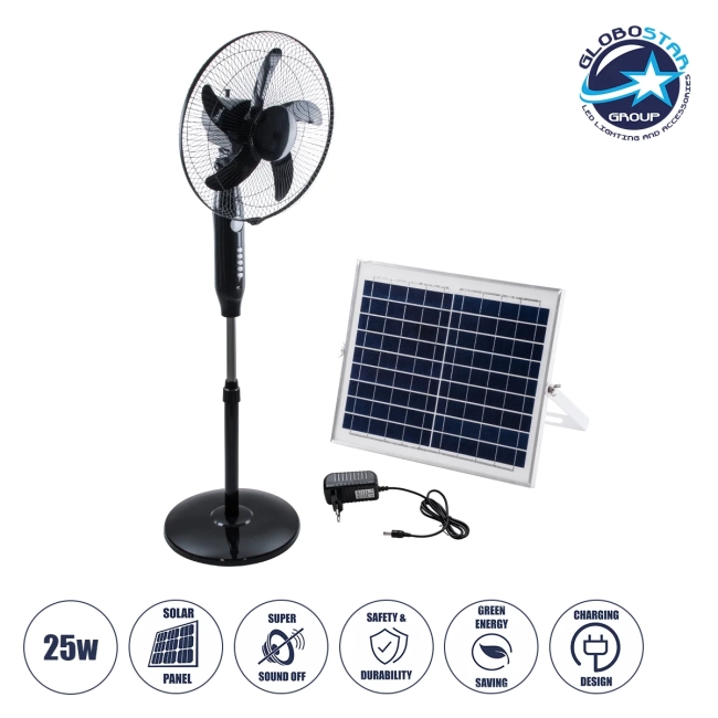 SOLARA-FAN 85356 Solar Fan Αυτόνομος Ηλιακός Επιδαπέδιος Ανεμιστήρας 25W 2 Λειτουργιών Ρεύματος με AC 220-240V ή με Φωτοβολταϊκό Panel 9V 12W & Επαναφορτιζόμενη Μπαταρία Li-ion 7.4V 4400mAh - 3 Ταχύτητες - Ενσωματωμένο USB 2.0 Charger Συσκευών - IP20 - Μ44 x Π37.5 x Υ132cm - Μαύρο - 2 Years Warranty