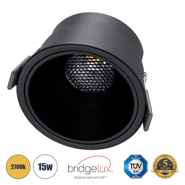 PLUTO-B 60263 Χωνευτό LED Spot Downlight TrimLess Φ10.4cm 15W 1875lm 38° AC 220-240V IP20 Φ10.4 x Υ6.5cm - Στρόγγυλο - Μαύρο & Anti-Glare HoneyComb - Θερμό Λευκό 2700K - Bridgelux COB - 5 Years Warranty
