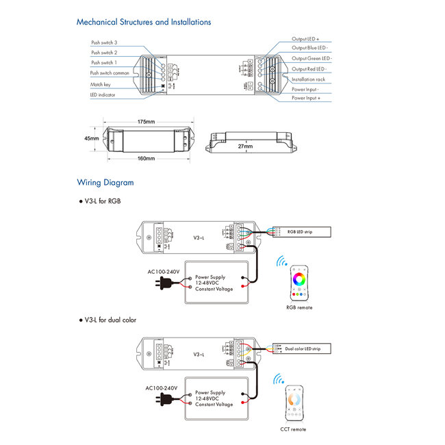 71547 V3-L SKYDANCE DC RF 2.4Ghz Dimmer High Speed Controller & Push Dimming 3 Κανάλια DC 12-48V 3 x 6A 288W - Max 18.5A 288W - IP20 Μ17.5 x Π4.5 x Υ2.5cm - 5 Years Warranty - 10