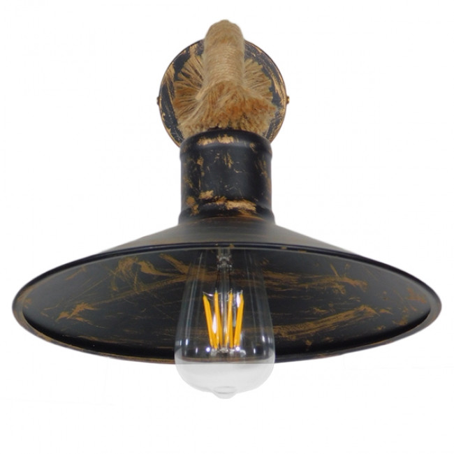 Vintage Φωτιστικό Τοίχου Απλίκα Μονόφωτο Μπρούτζινο Σκουριά Μεταλλικό Καμπάνα με Μπεζ Σχοινί Φ27  BRASTA 01131