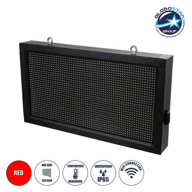 DISPLAY 90276 LED Scrolling Display 64x32cm - Κυλιόμενη Ψηφιακή Πινακίδα / Επιγραφή Μονής Όψης P10 LED SMD AC 220-240V - Λειτουργία μέσω Wi-Fi με Εφαρμογή APP - Αισθήτηρας Θερμοκρασίας και Υγρασίας - Αδιάβροχο IP65 - Μ72 x Π9 x Υ42.5cm - Κόκκινο - 1 Χρόνο Εγγύηση