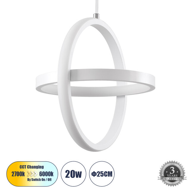 ALICE 61056 Κρεμαστό Φωτιστικό Οροφής Design LED CCT 20W 2400lm 300° AC 220-240V - Εναλλαγή Φωτισμού μέσω Διακόπτη On/Off All In One Ψυχρό 6000k+Φυσικό 4500k+Θερμό 2700k Μ25 x Π22 x Υ25cm - Λευκό - 1