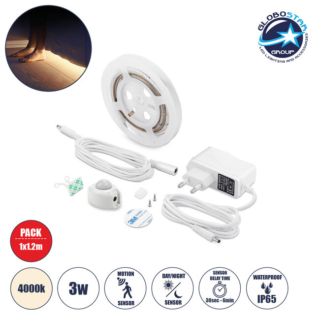 70400 ΣΕΤ Ταινία LED Κρυφού Φωτισμού Κρεβατιού 1 x 1.2m 3W 300lm 2835 SMD 120° Αδιάβροχη IP65 με Τροφοδοτικό & 1 x Ανιχνευτή Κίνησης 360° Φυσικό Λευκό 4000k
