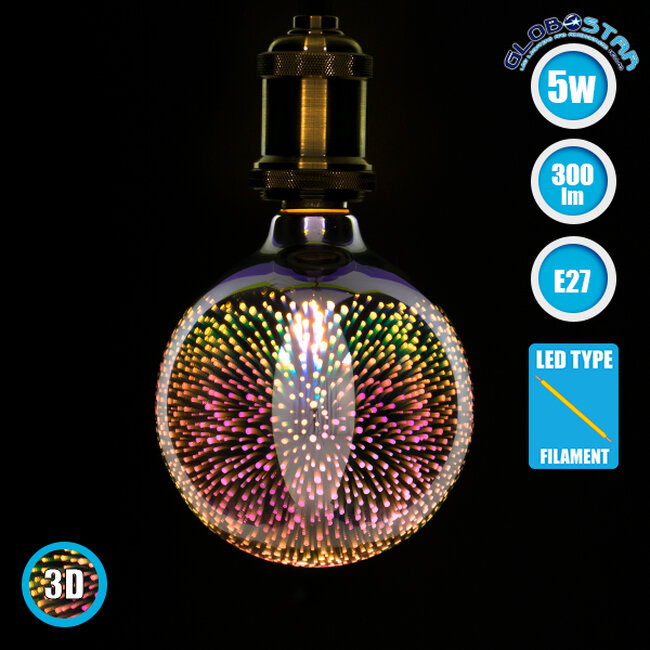 99271 Λάμπα E27 G125 LED FILAMENT 5W 300 lm 320° AC 85-265V Edison Retro με 3D Εφέ - Galaxy Extreme Glass 2700 K - 3D