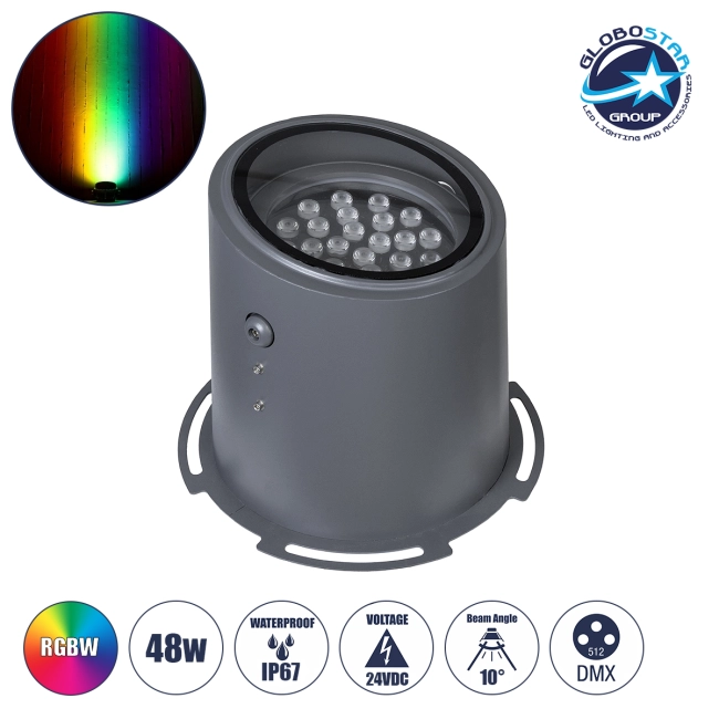 FLOOD-MILO 90742 Κινούμενος Προβολέας - Σποτ Φωτισμού Wall Washer για Φωτισμό Κτιρίων LED 48W 4080lm 10° DC 24V Αδιάβροχο IP67 Φ26 x Υ30cm RGBW DMX512 - Γκρι Ανθρακί - 3 Χρόνια Εγγύηση
