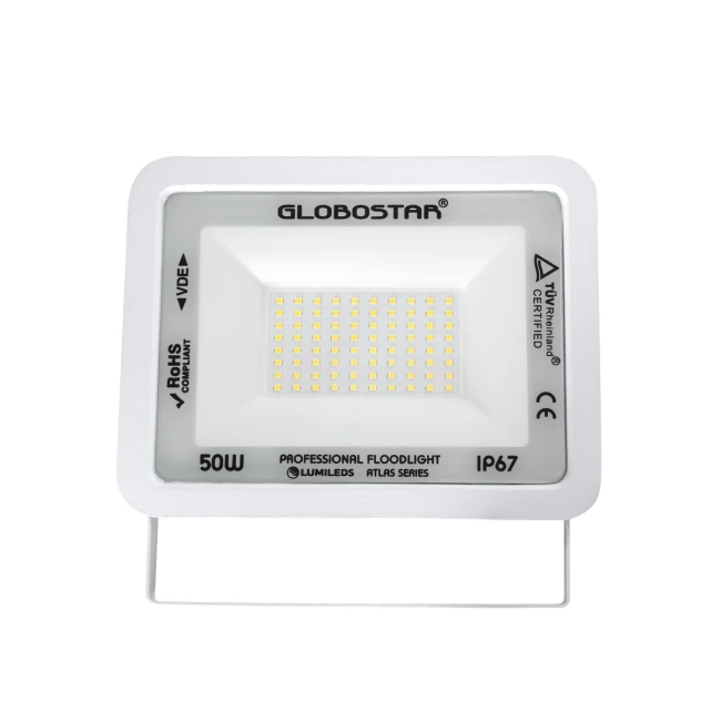  ATLAS 61420 Προβολέας LED 50W 6000lm 120° AC 220-240V Αδιάβροχο IP67 Φυσικό Λευκό 4500K - Lumileds SMD Chip - TÜV Rheinland Certified - Λευκό Ματ - Μ21 x Π3.5 x Υ16cm - 5 Χρόνια Εγγύηση