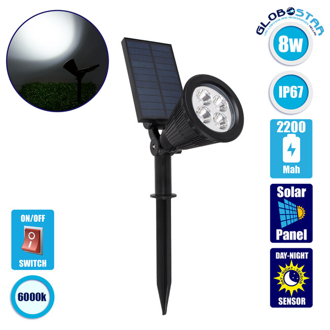 85710 Μαύρο Προβολάκι Σποτ Κήπου Πλαστικό Καρφωτό LED HIGH POWER 8W 800lm με Ενσωματωμένη Μπαταρία 2200mAh - Φωτοβολταϊκό Πάνελ με Αισθητήρα Ημέρας-Νύχτας Αδιάβροχo IP67 Ψυχρό Λευκό 6000K
