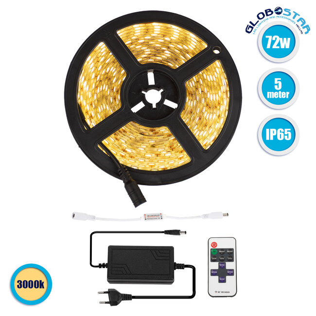 70412 Σετ Ταινία LED 5m 72W/5m 12V 60LED/m 5050 SMD 1497lm/m 120° Αδιάβροχη IP65 με Ασύρματο Χειριστήριο RF 2.4Ghz και Τροφοδοτικό Θερμό Λευκό 3000K Dimmable