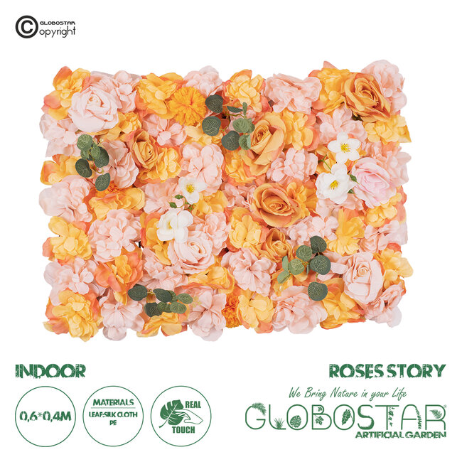 Artificial Garden ROSES STORY ORANGE 78333 Τεχνητό Διακοσμητικό Πάνελ Λουλουδιών - Κάθετος Κήπος σύνθεση Αμβροσία Μ60 x Π40 x Υ6cm