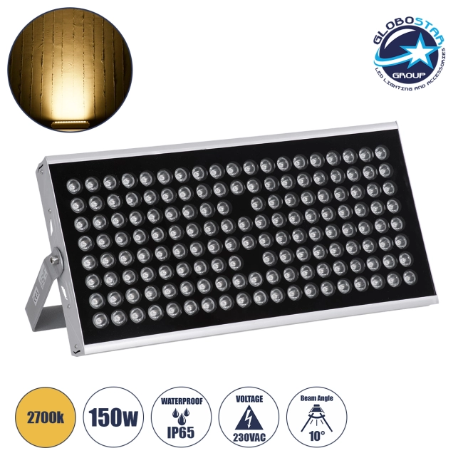 FLOOD-TENA 90223 Προβολέας Wall Washer για Φωτισμό Κτιρίων LED 150W 13500lm 10° AC 220-240V Αδιάβροχο IP65 L43.5 x W15.5 x H18cm Θερμό Λευκό 2700K - Ασημί - 3 Years Warranty