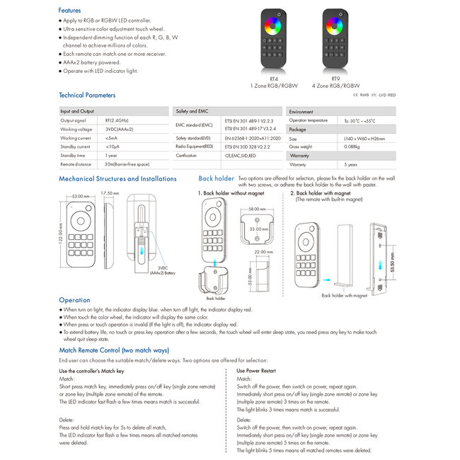 71548 RT4 SKYDANCE Ασύρματο Χειριστήριο Αφής RF 2.4Ghz 1 Group για όλα τα RGB/RGBW SKYDANCE Controller DC 3V 2 x AAA - IP20 Μαύρο Μ12.2 x Π5.3 x Υ1.7cm - 5 Years Warranty - 11