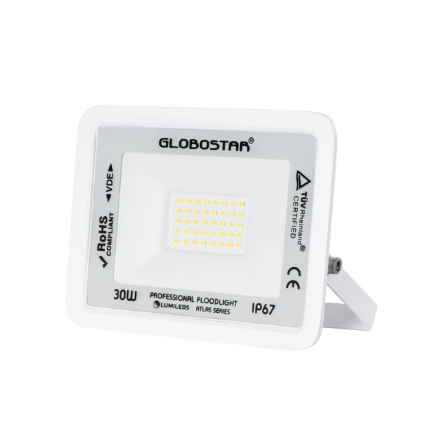 ATLAS 61414 Προβολέας LED 30W 3600lm 120° AC 220-240V Αδιάβροχο IP67 Φυσικό Λευκό 4500K - Lumileds SMD Chip - TÜV Rheinland Certified - Λευκό Ματ - Μ16 x Π2.5 x Υ12.5cm - 5 Χρόνια Εγγύηση