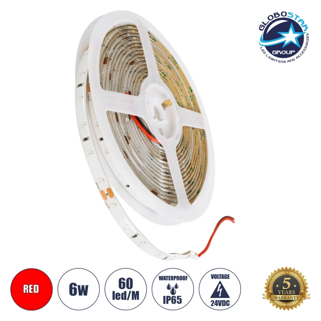 LILAC 70304 Ταινία LED 6W/m 360lm/m 120° DC 24V Αδιάβροχη IP65 60 x SMD2835 Chip/m Κόκκινο Dimmable - Sanan SMD Chip - Μ500 x Π0.8 x Υ0.2cm - Ρολό 5 Μέτρων - 5 Χρόνια Εγγύηση
