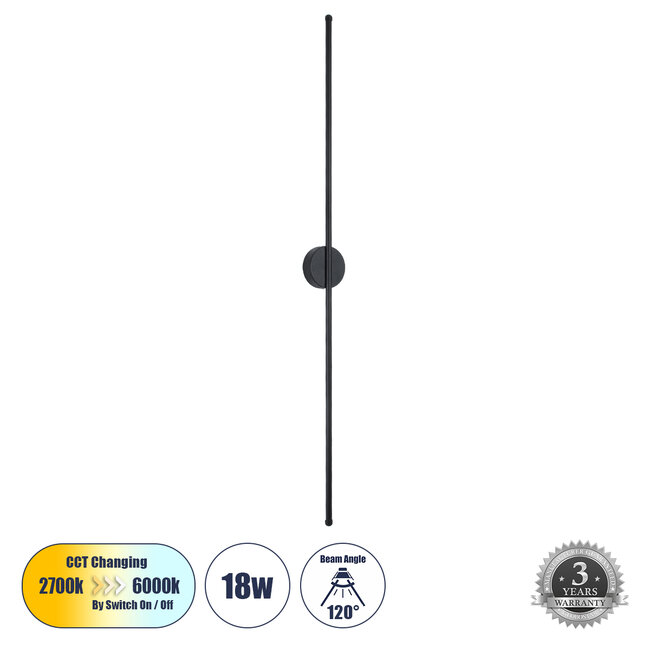 DIADEM 61333 Φωτιστικό Τοίχου - Απλίκα Design LED CCT 18W 2160lm 120° AC 220-240V - Εναλλαγή Φωτισμού μέσω Διακόπτη On/Off All In One Ψυχρό 6000k+Φυσικό 4500k+Θερμό 2700k Μ10 x Π4 x Υ120cm - Μαύρο - 3 Years Warranty - 2